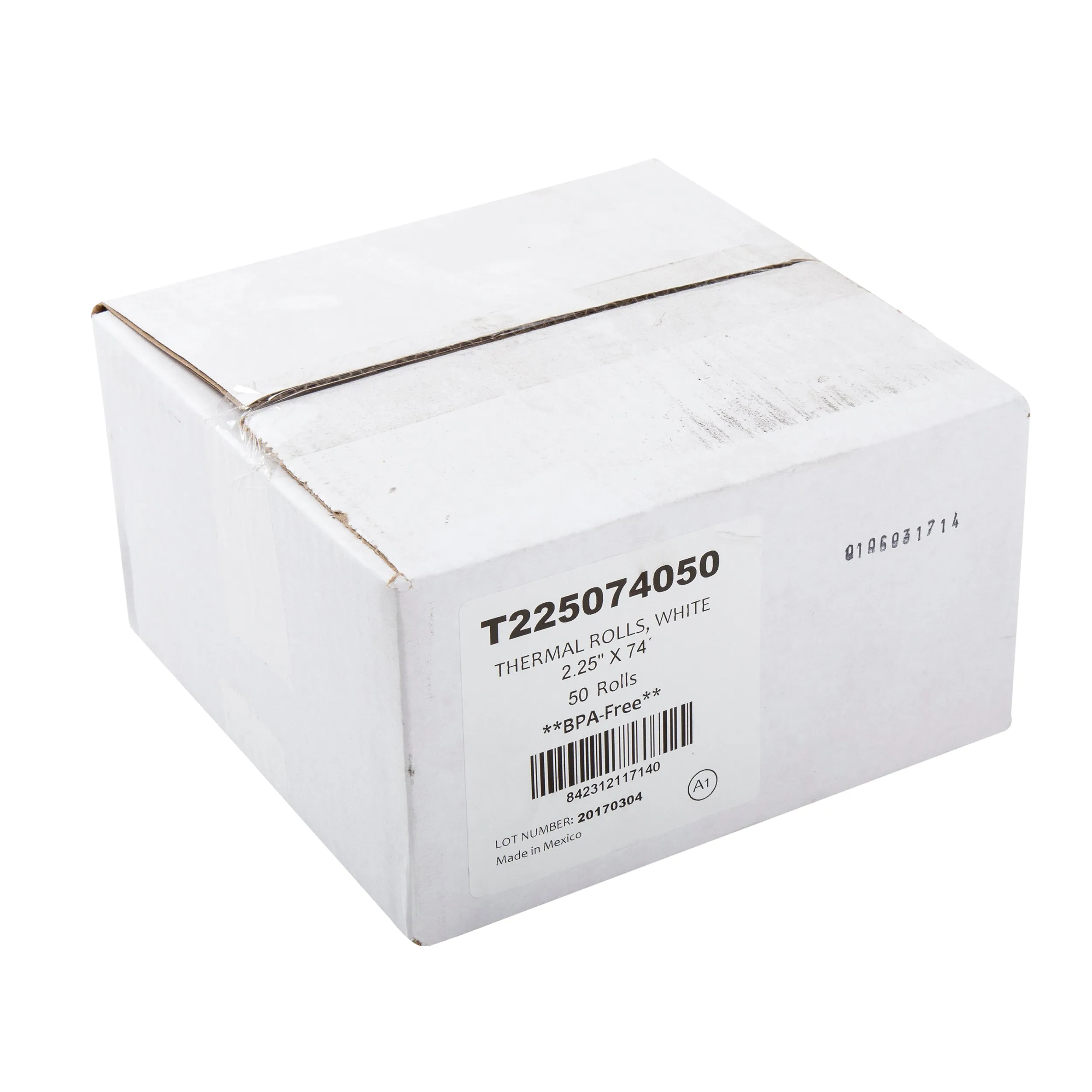 2.25 x 74' White 11mm ID Solid Core Thermal Rolls, Case of 50
