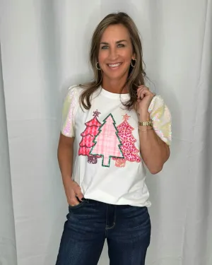 A Pink Christmas White Short Sleeve Sequin Christmas Tree Top