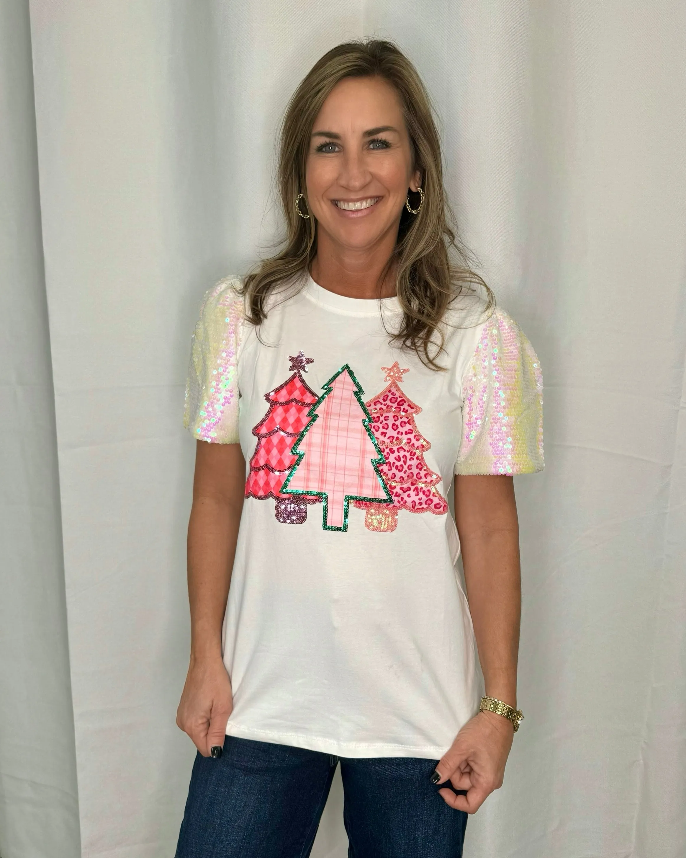 A Pink Christmas White Short Sleeve Sequin Christmas Tree Top