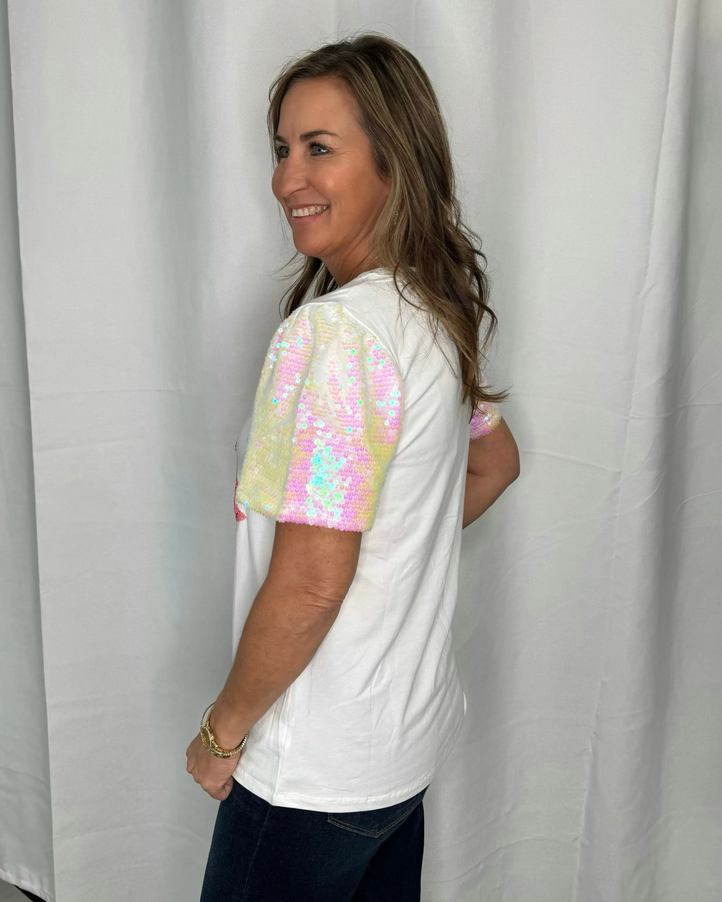 A Pink Christmas White Short Sleeve Sequin Christmas Tree Top