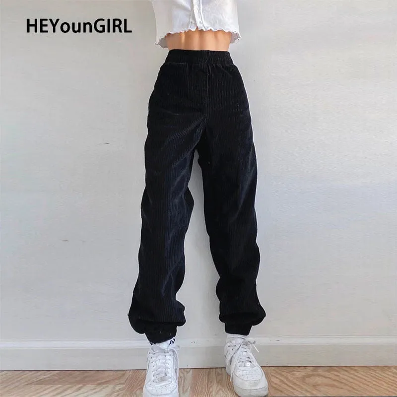 Amozae- Black Casual Corduroy High Waist Harem Pants Women Autumn Skinny Pocket Trousers Ladies Fashion Streetwear Joggers