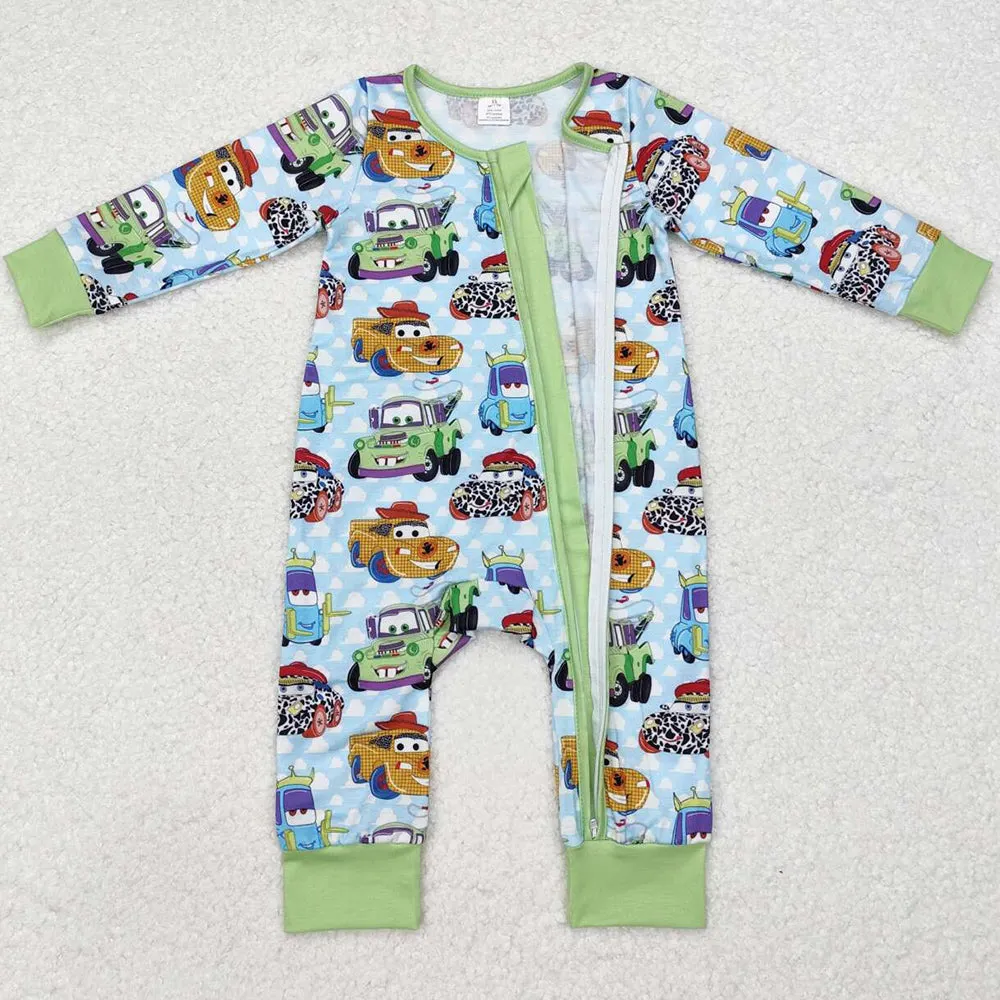 Baby Infant Boys Rompers Green Cars Bamboo Zip Rompers LR1622