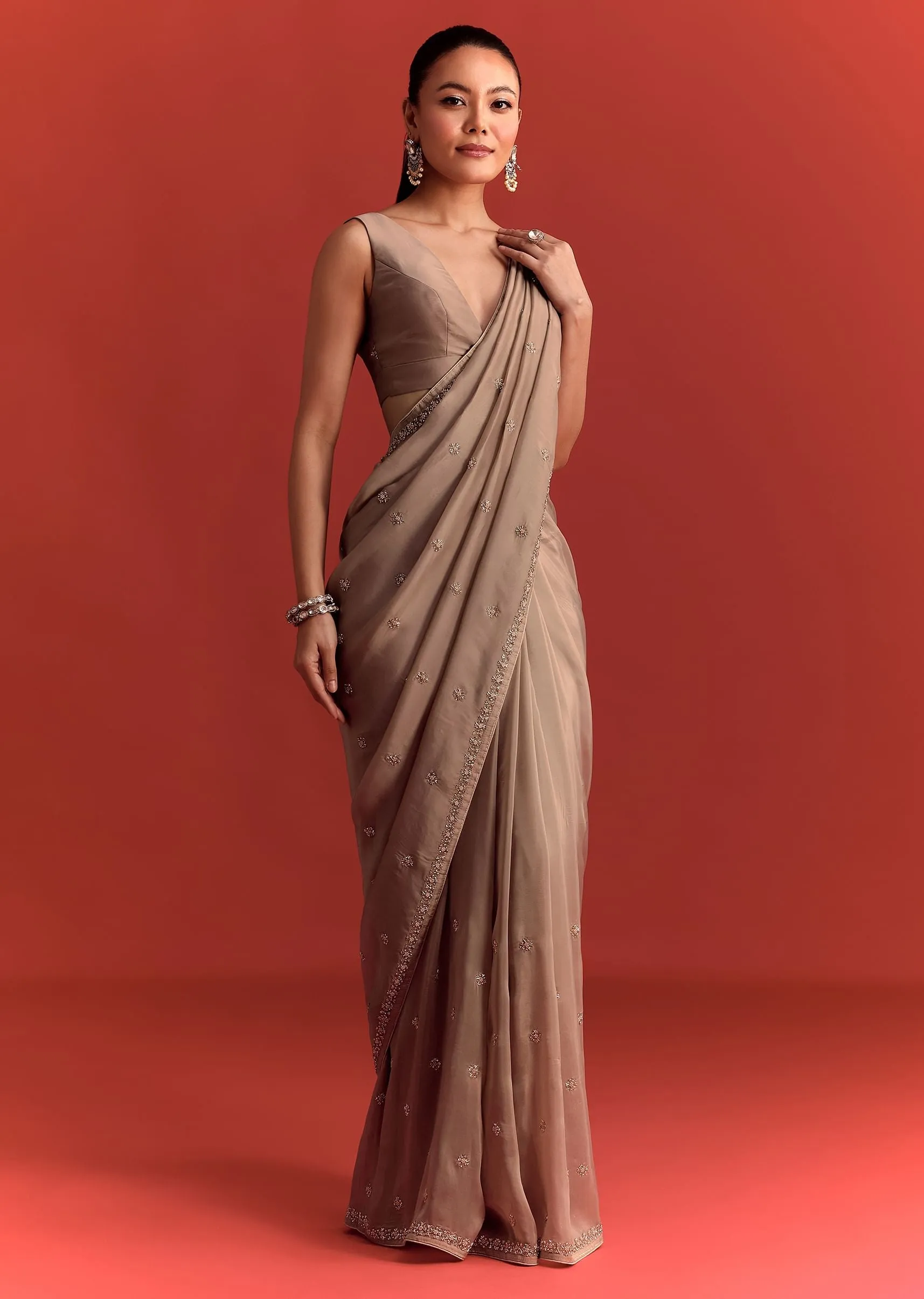 Beige Crepe Silk Saree With Cutdana Work
