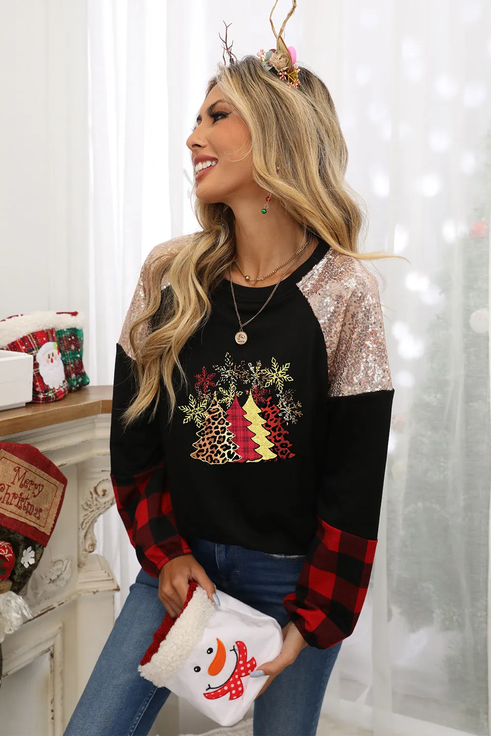Black Christmas Tree Sequin Long Sleeve Top