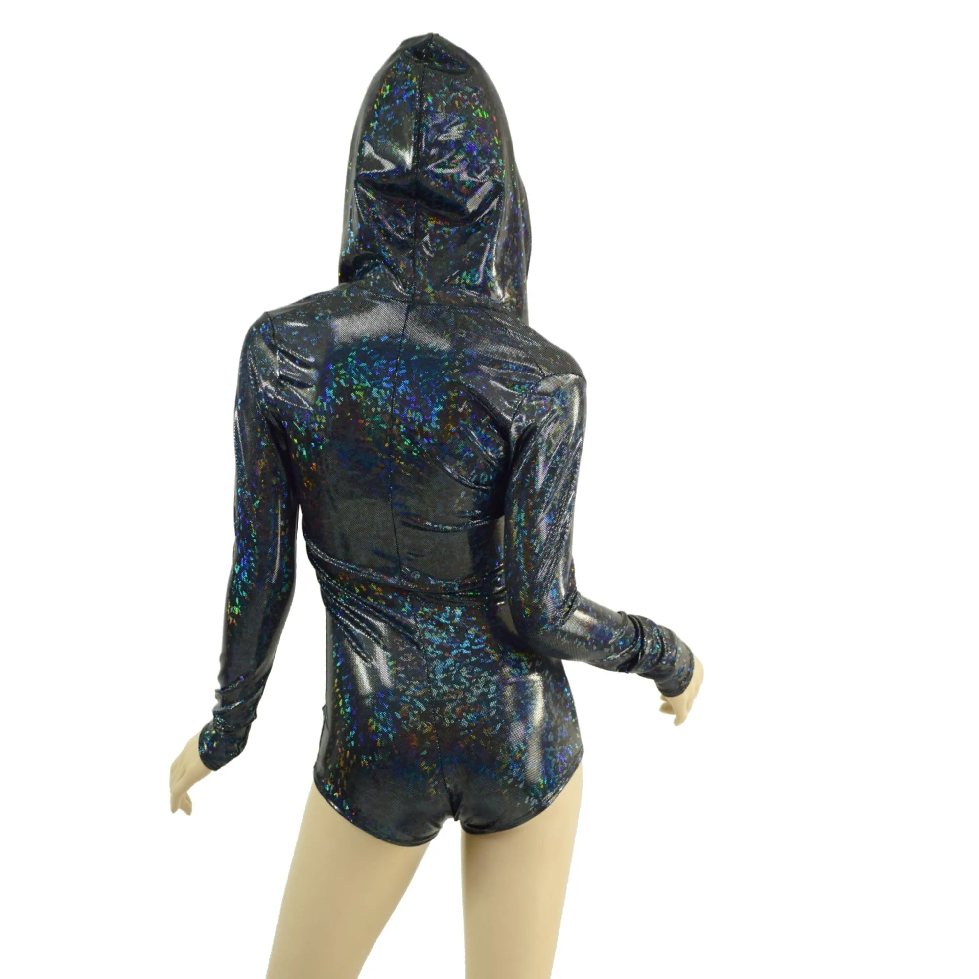 Black Kaleidoscope Hooded Romper with Silver Front Zipper, Long Sleeves & Boy Cut Leg