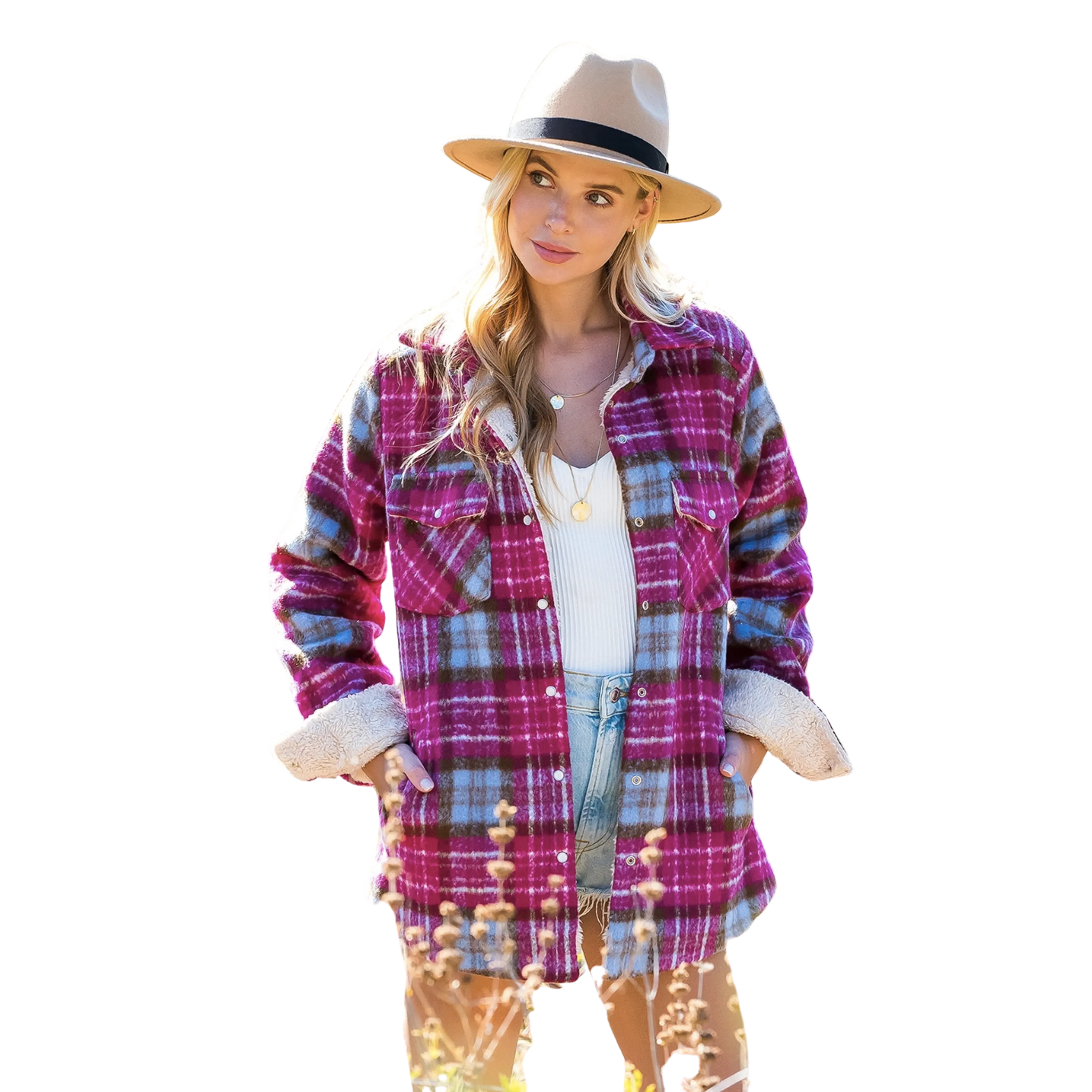 Brushed Flannel Sherpa-Lined Jacket - Magenta/Brown