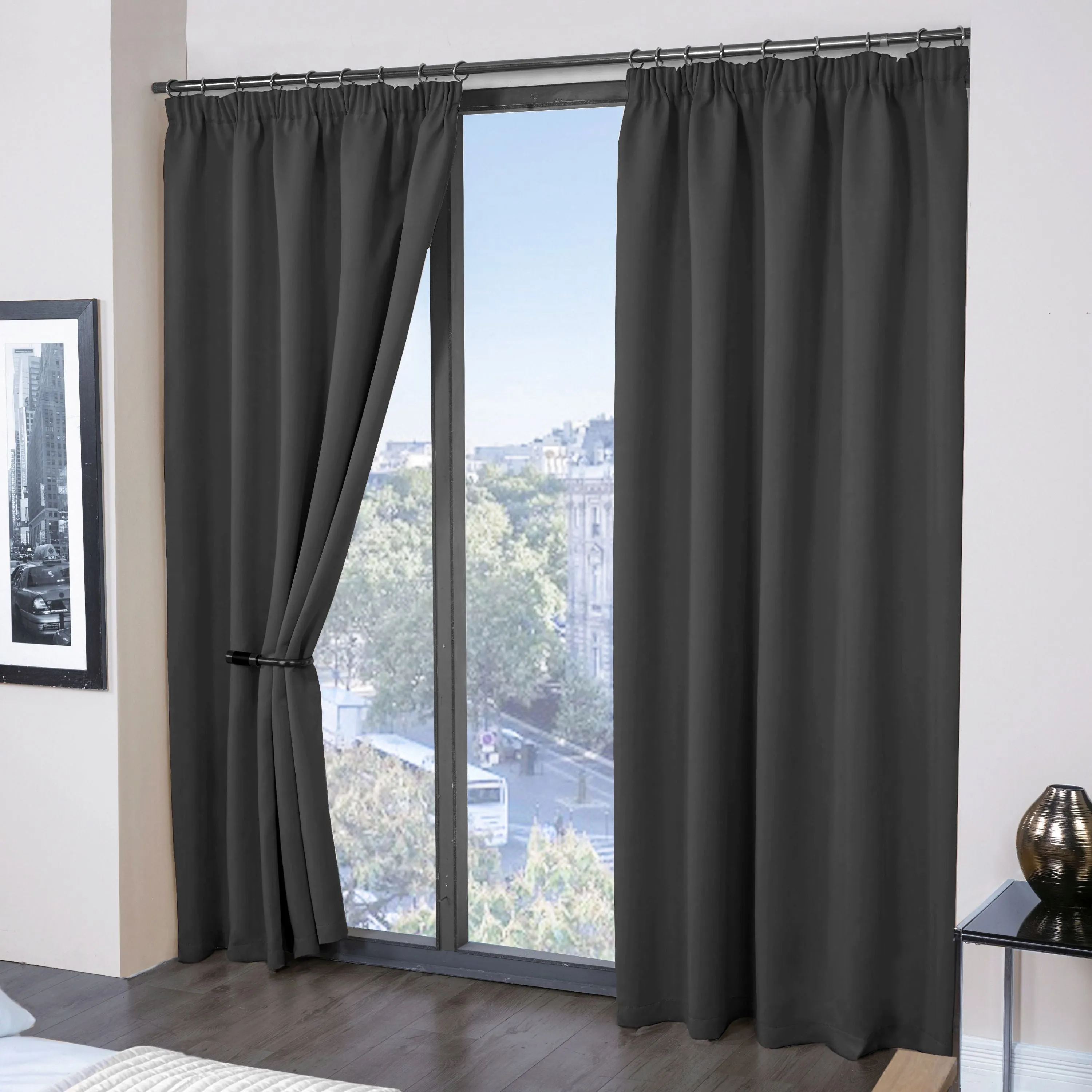 Cali Charcoal Grey Thermal Blackout Pencil Pleat Curtains