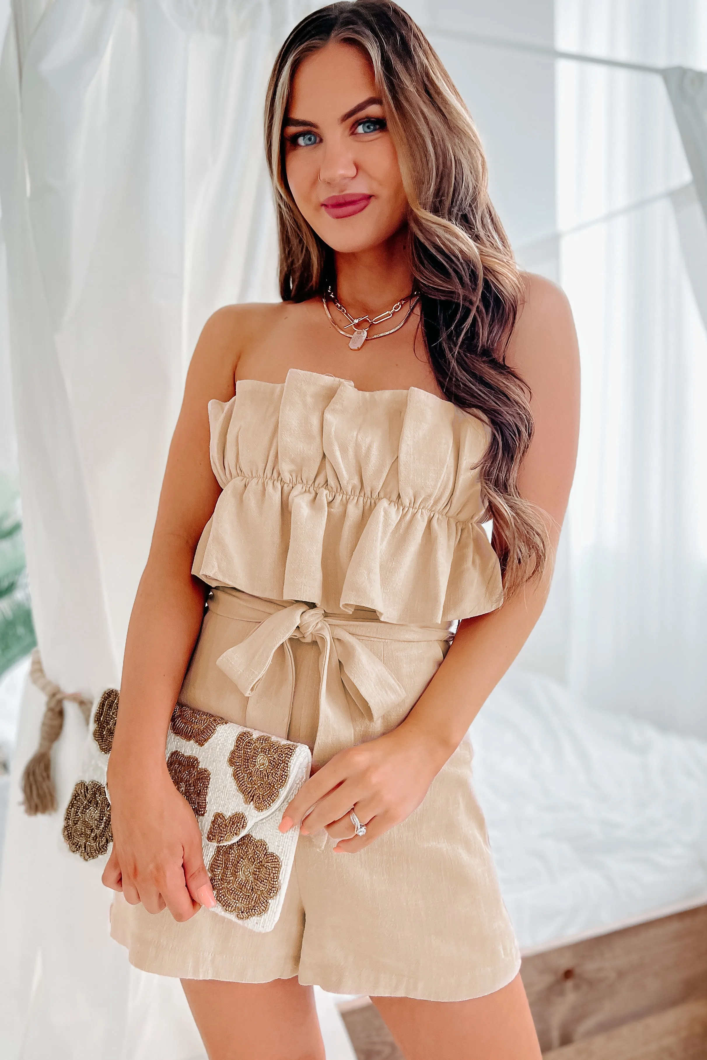 Can't Believe This Ruffled Open Back Romper (Beige)