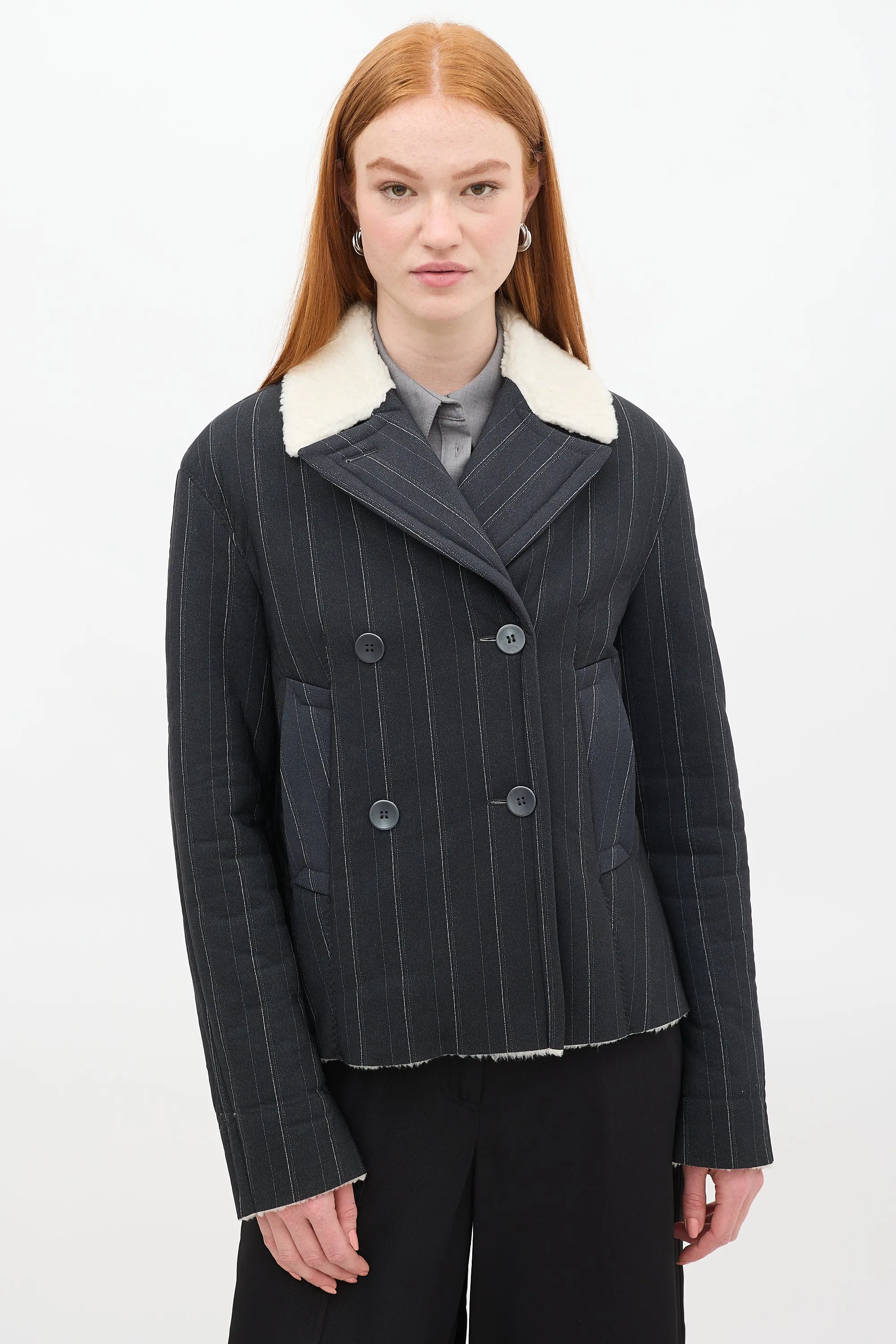 Dark Grey Pinstripe Sherpa Jacket