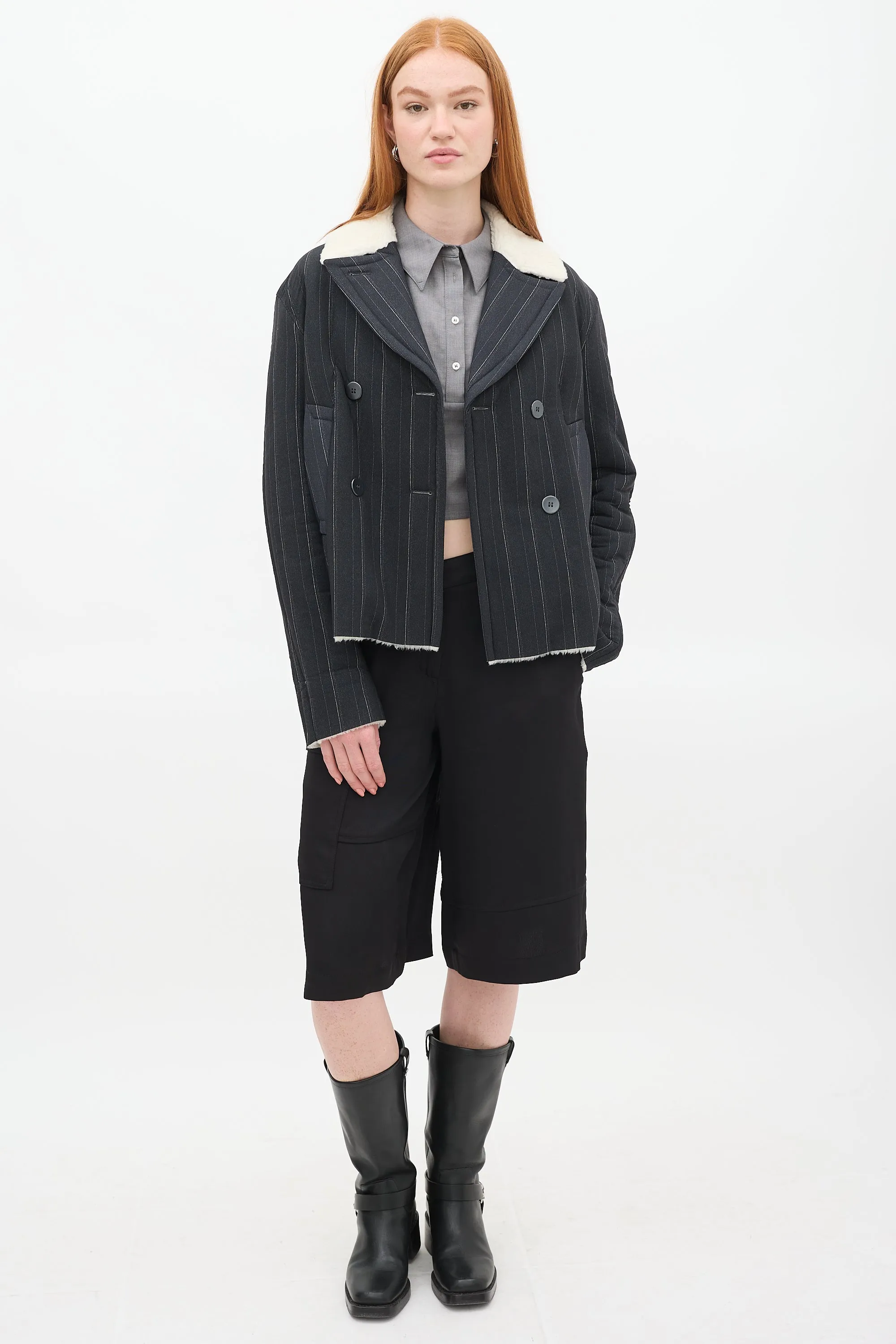 Dark Grey Pinstripe Sherpa Jacket