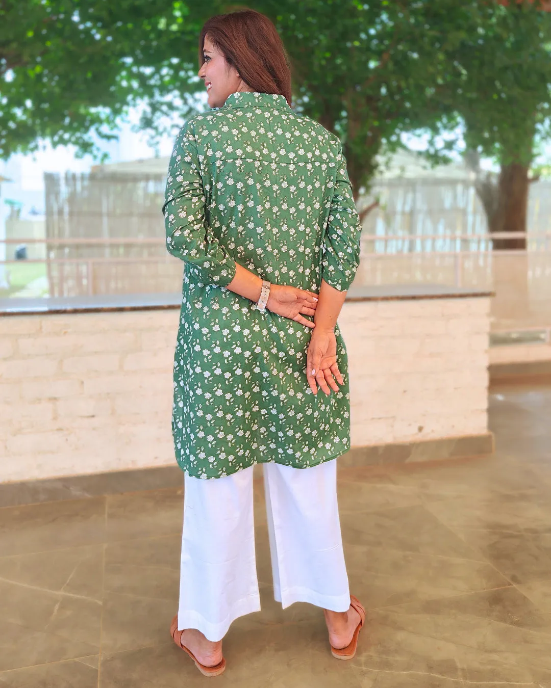 Deep Moss Printed Cotton Aline Shirt