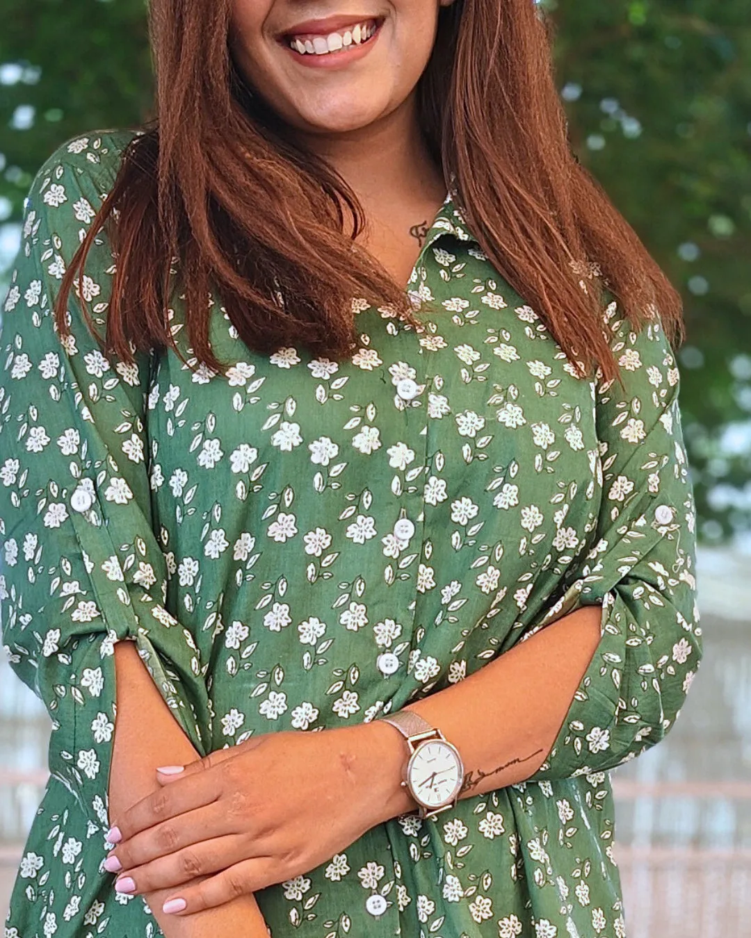 Deep Moss Printed Cotton Aline Shirt