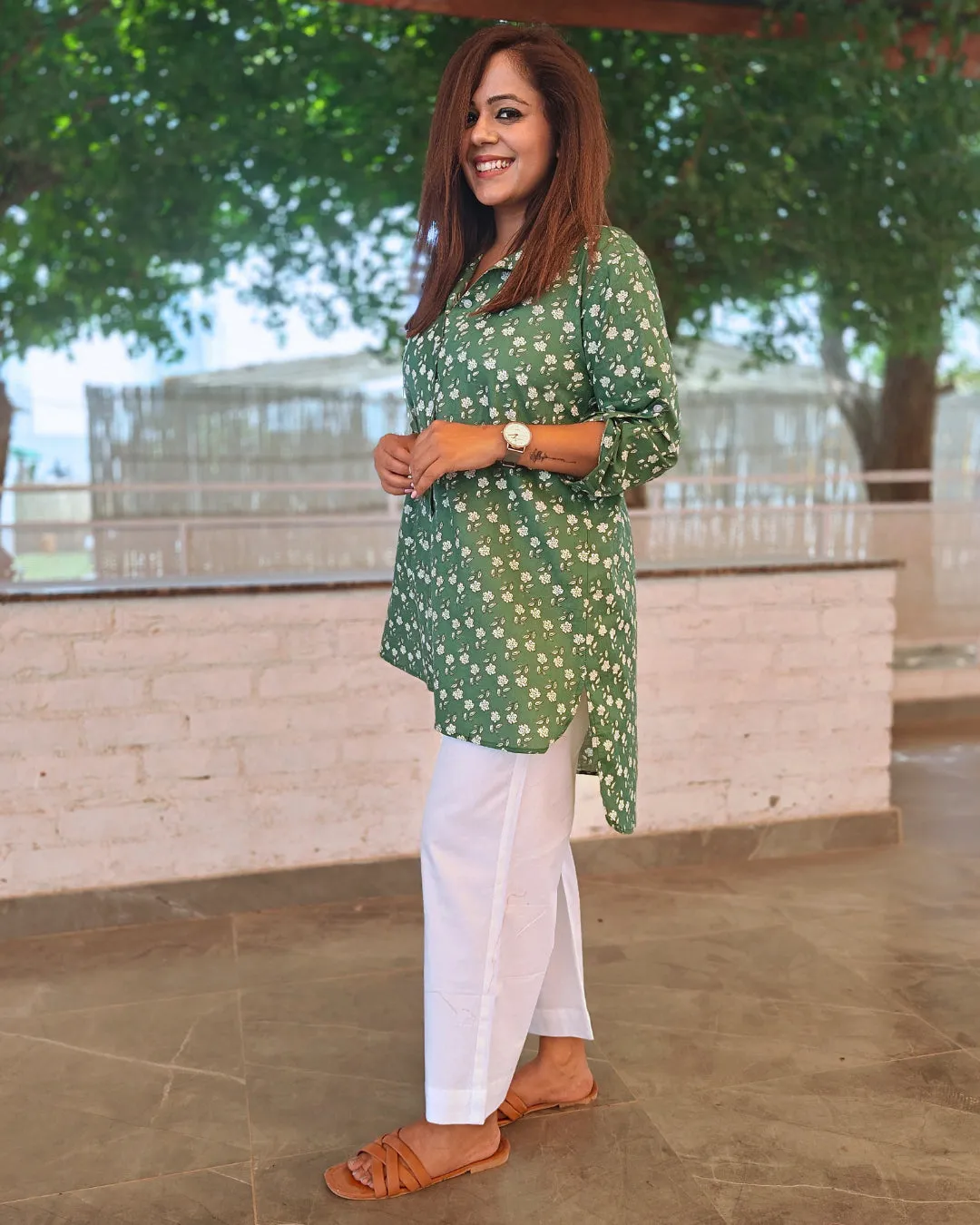 Deep Moss Printed Cotton Aline Shirt