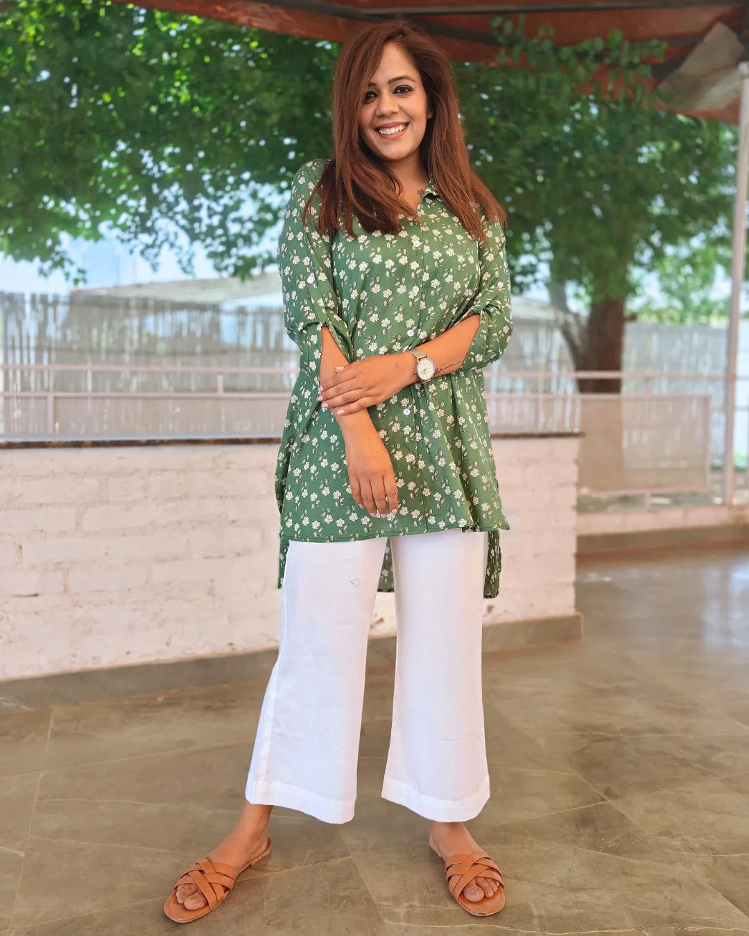 Deep Moss Printed Cotton Aline Shirt