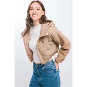 Diagonal Quilt Cropped Sherpa Arm Zip Up Jacket Khaki