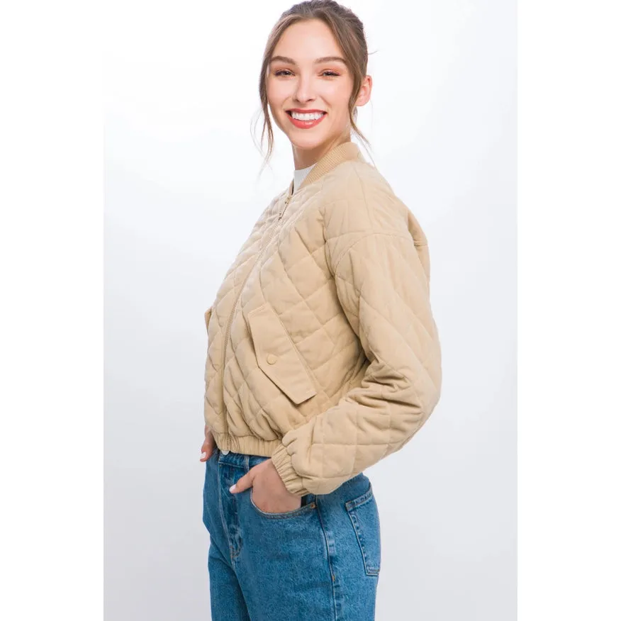 Diagonal Quilt Cropped Sherpa Arm Zip Up Jacket Khaki