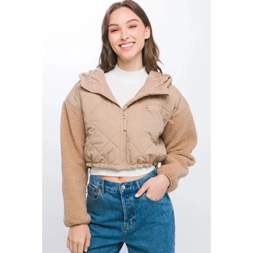 Diagonal Quilt Cropped Sherpa Arm Zip Up Jacket Khaki
