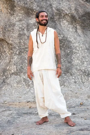 Earthy Men Outfit ⋘⋙ Sleeveless Shirt with Hoodie   Harem Pants ⋘⋙ Handwoven Natural Khadi Cotton