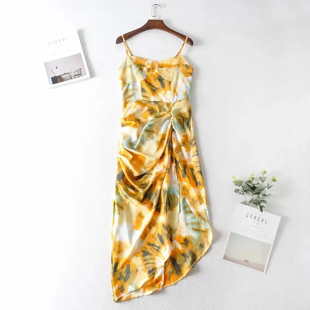 Freesia Floral Spaghetti Strap Midi Pleated Dress
