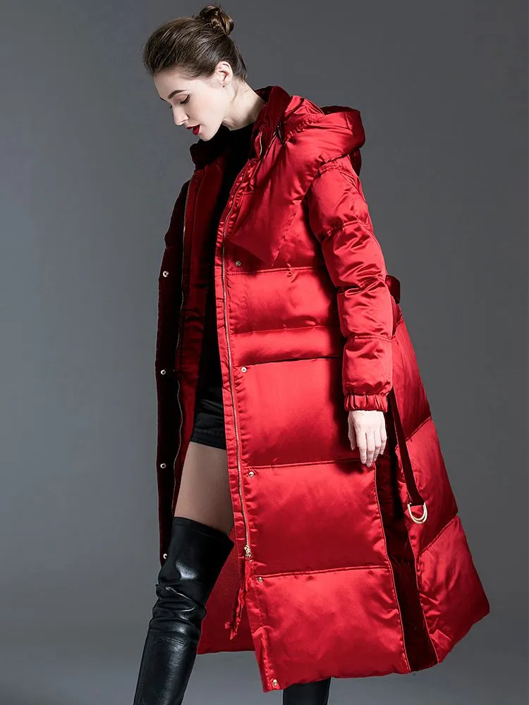 Hooded Patchwork Velvet Long Down Puffer Coat