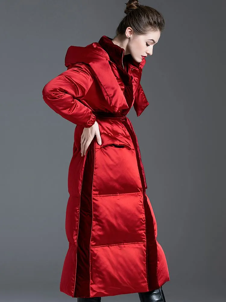 Hooded Patchwork Velvet Long Down Puffer Coat