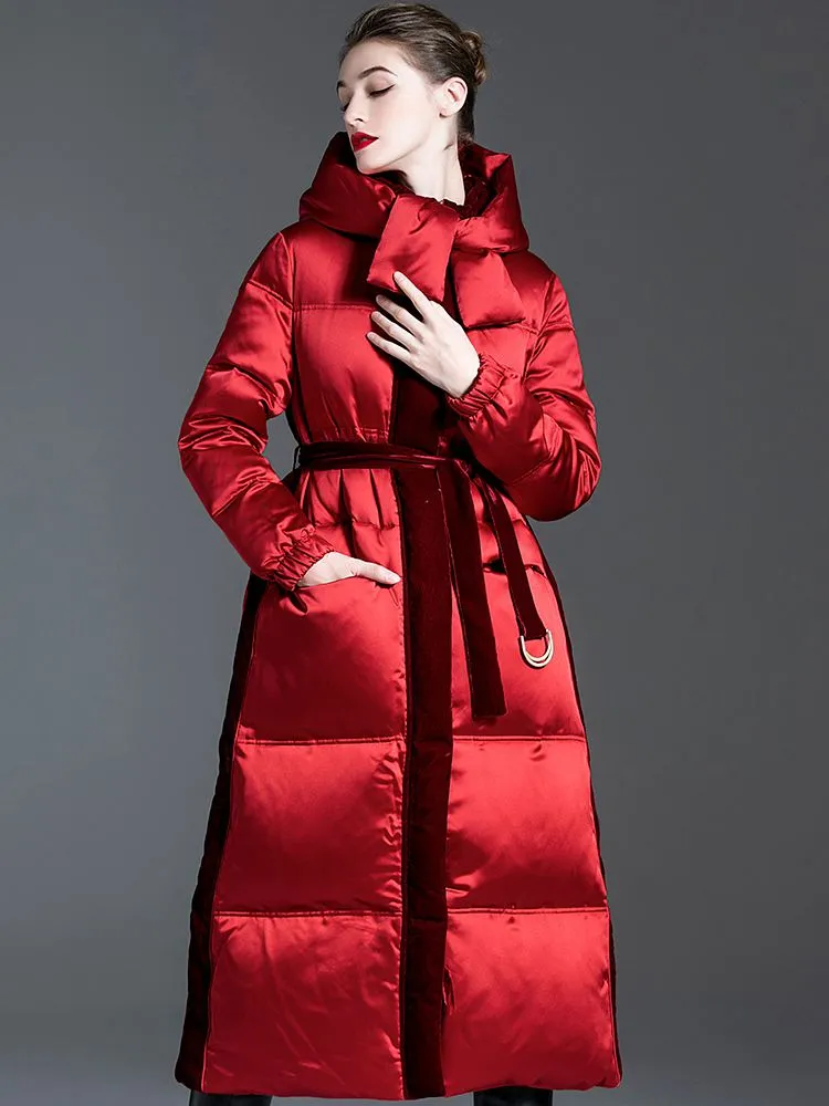 Hooded Patchwork Velvet Long Down Puffer Coat