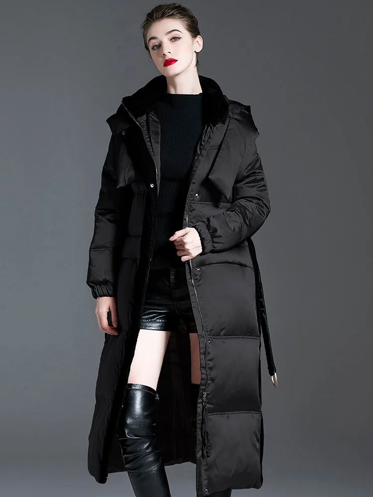Hooded Patchwork Velvet Long Down Puffer Coat