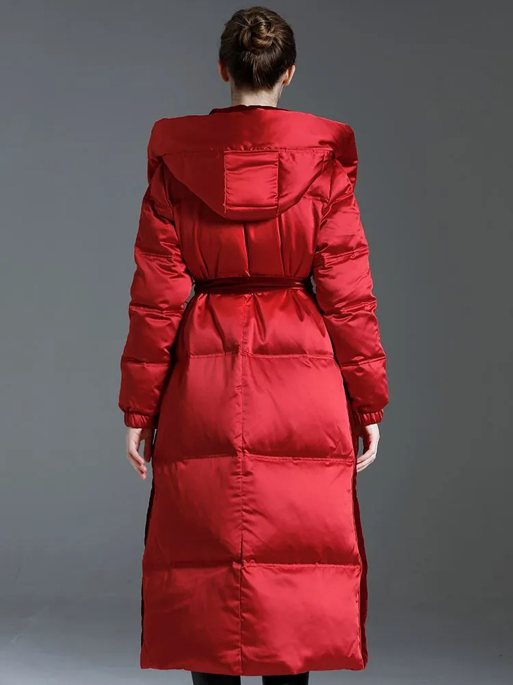 Hooded Patchwork Velvet Long Down Puffer Coat