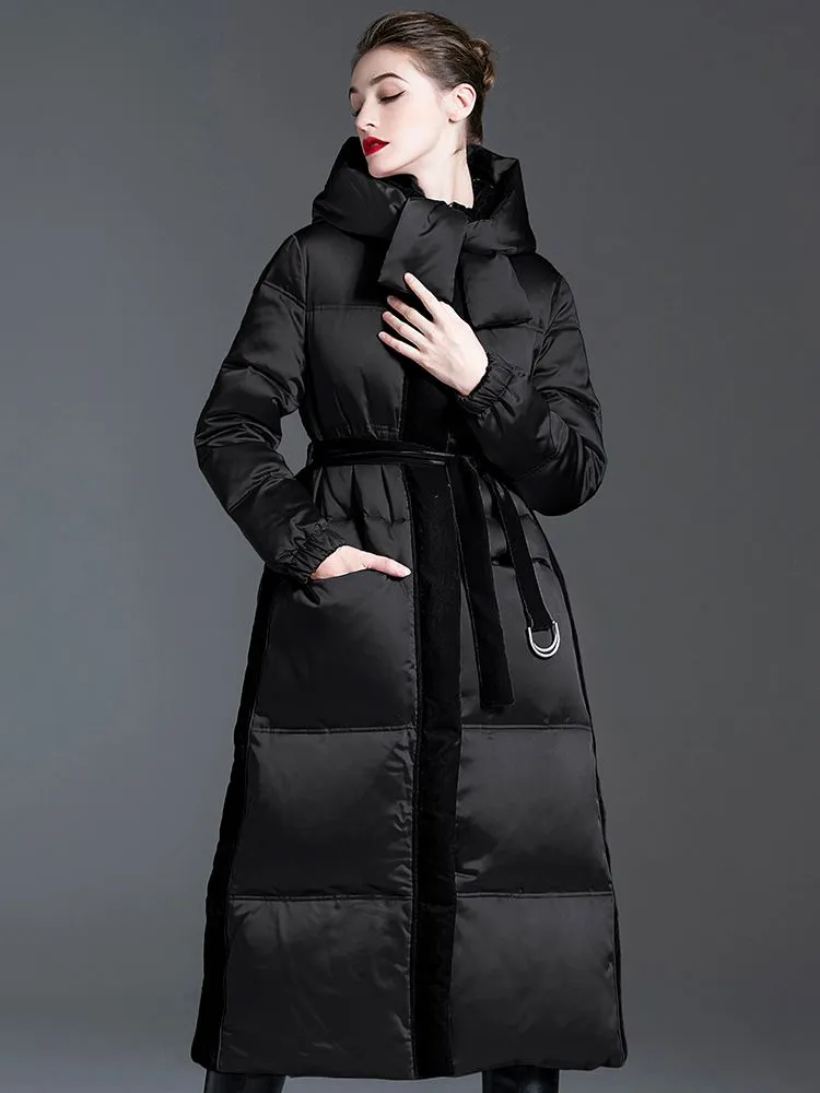 Hooded Patchwork Velvet Long Down Puffer Coat