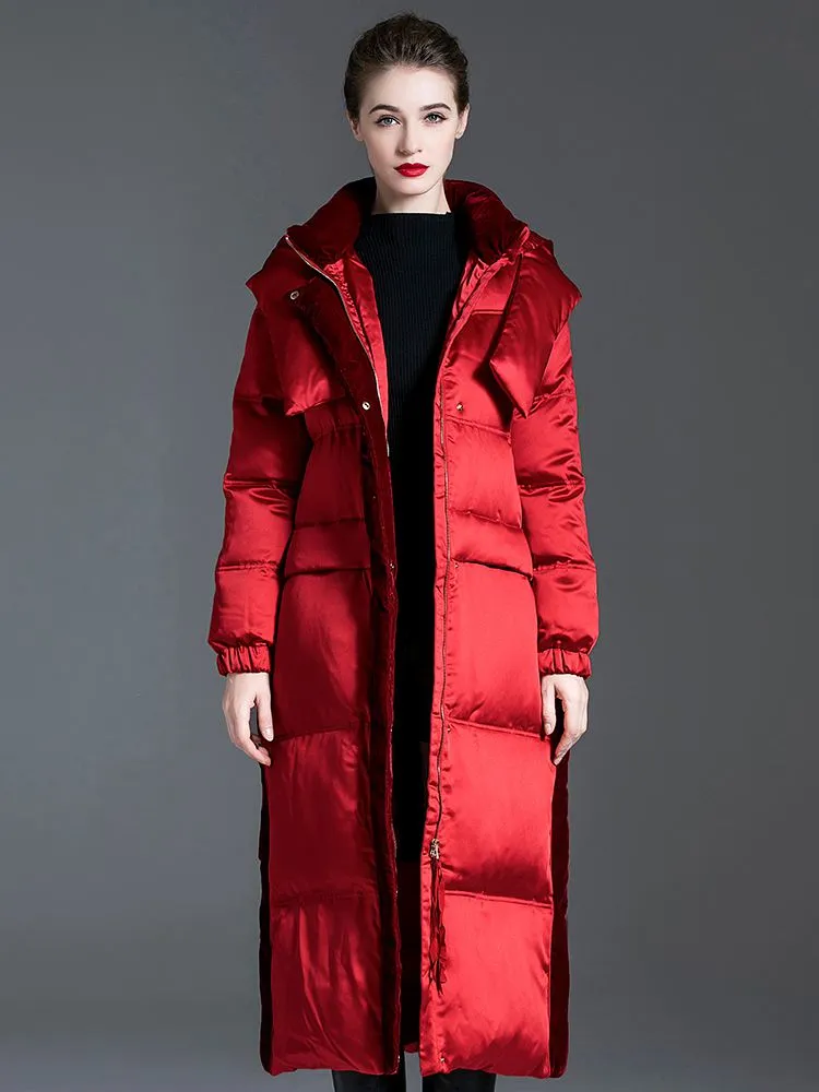 Hooded Patchwork Velvet Long Down Puffer Coat