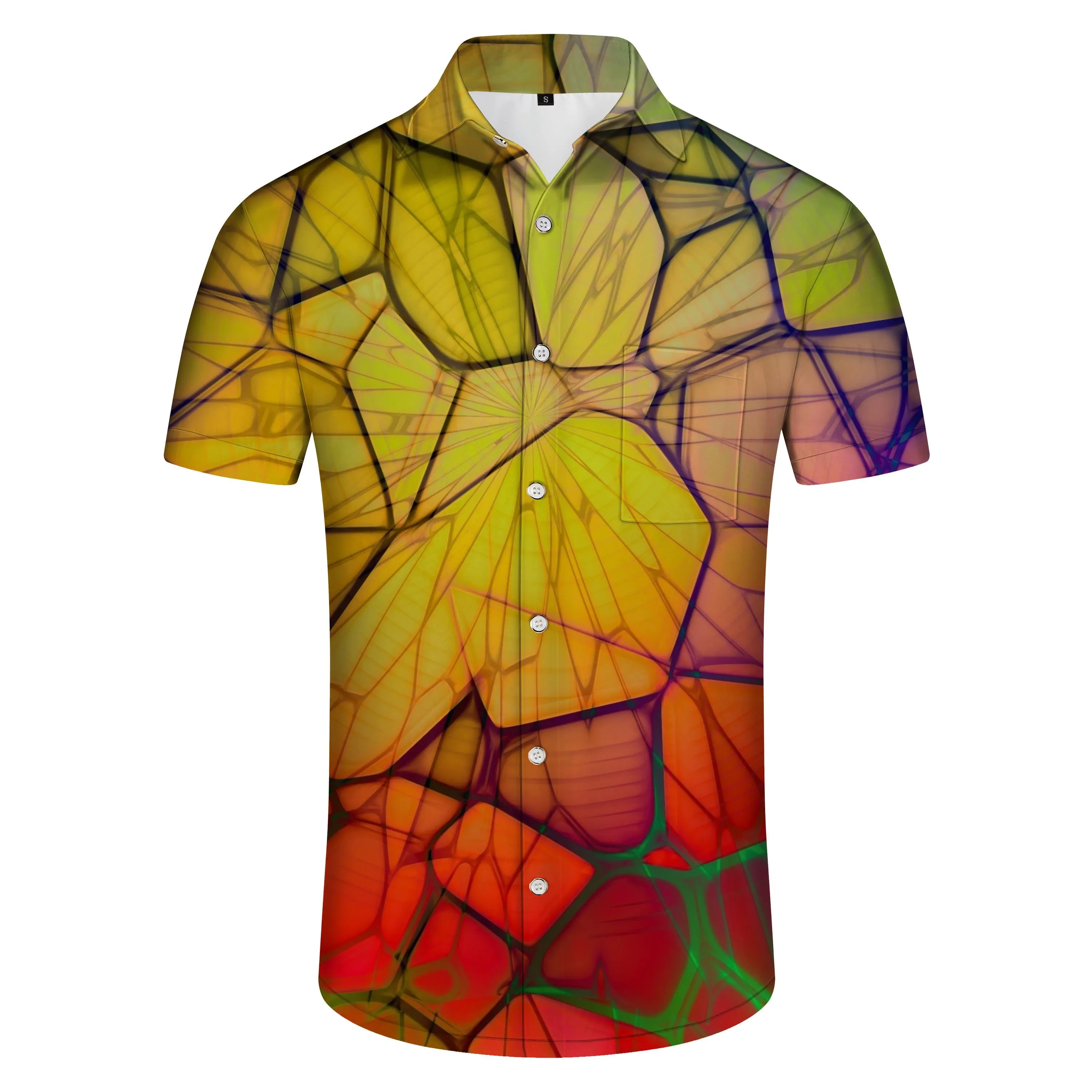 Indoor Yellow Short Sleeve Shirt Printed Casual Hawaiian Button Shirt Short Sleeve Beachwear Abstract Geometric Pattern Clothing