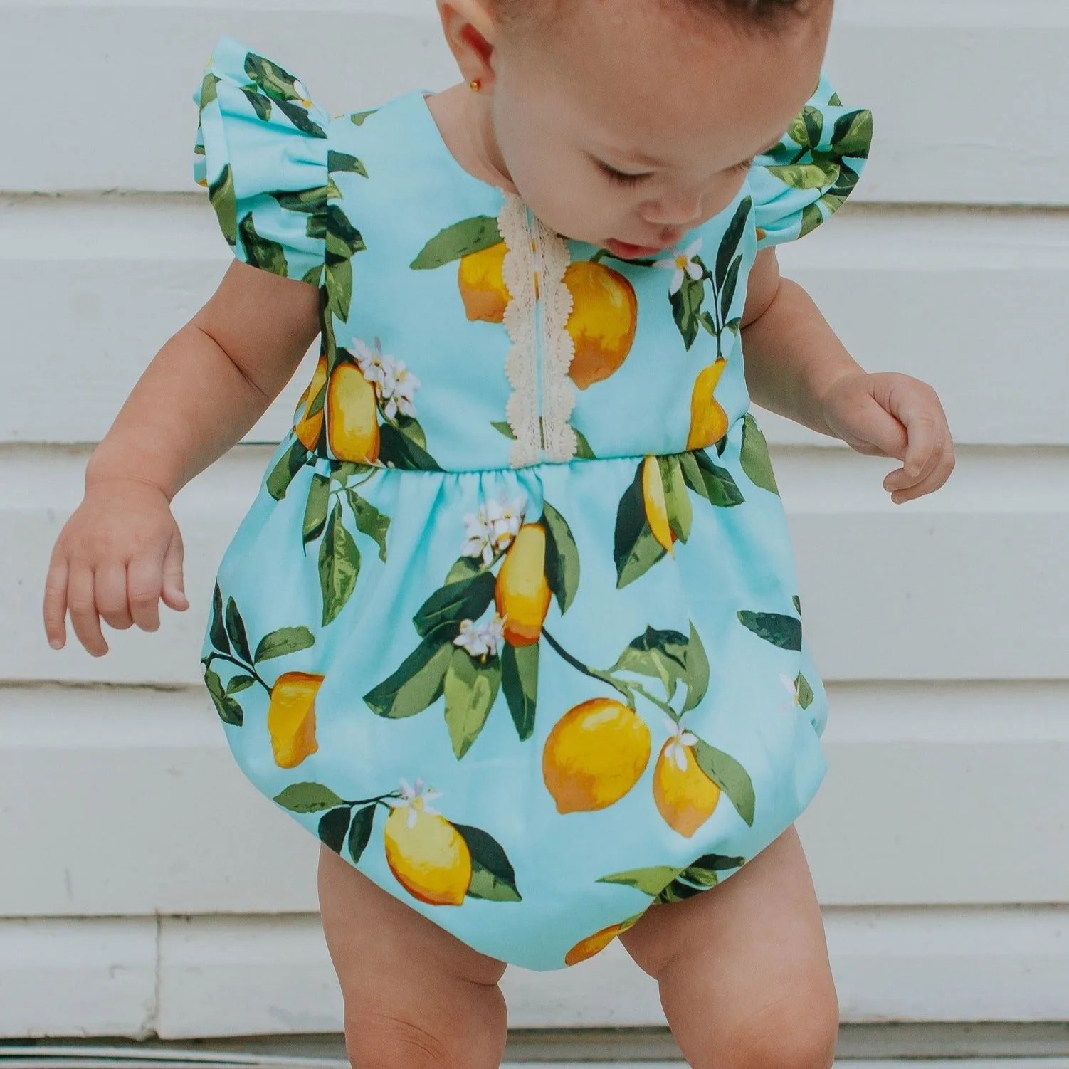 Infant Girl's Lemon Print Cotton Bubble Romper