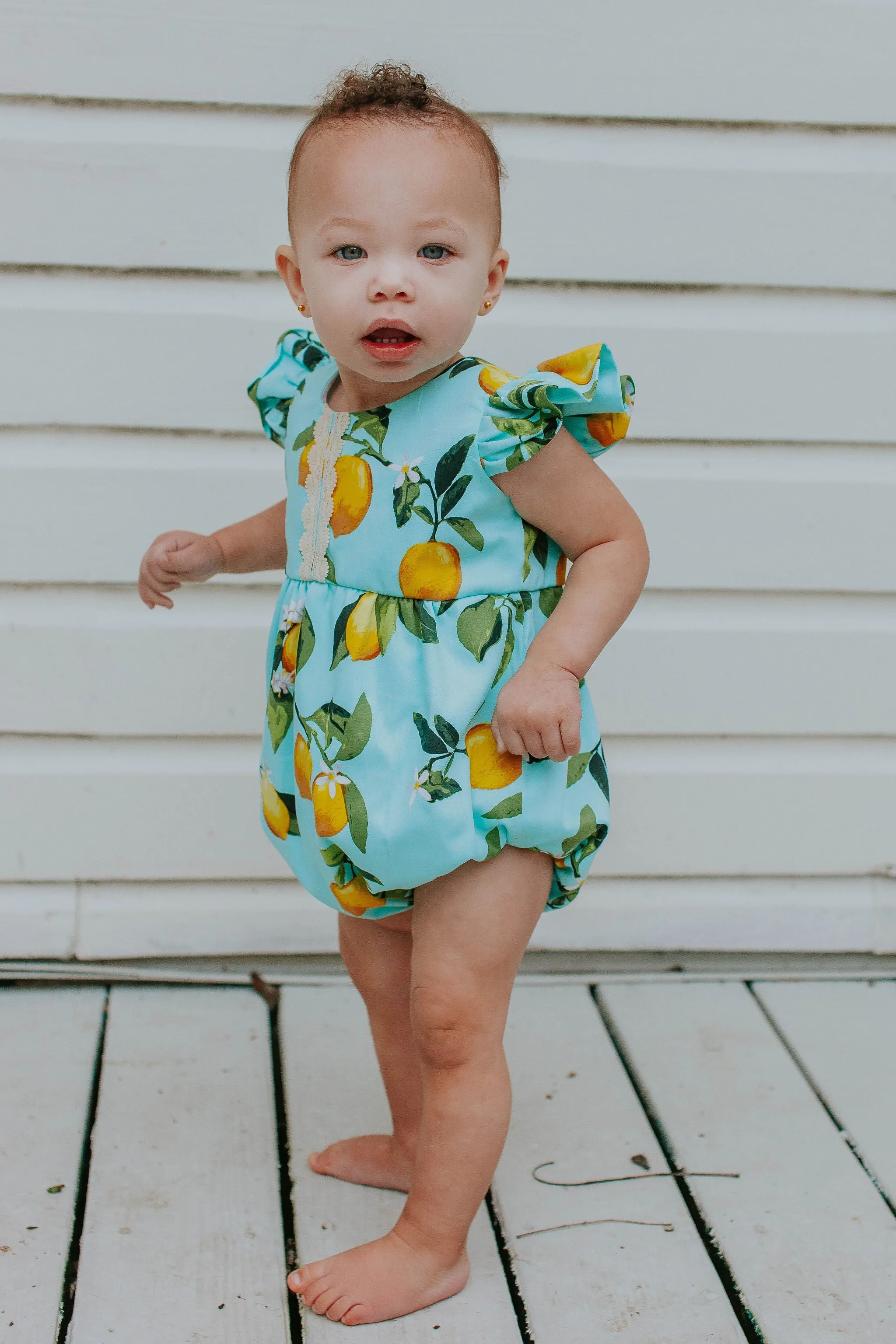 Infant Girl's Lemon Print Cotton Bubble Romper