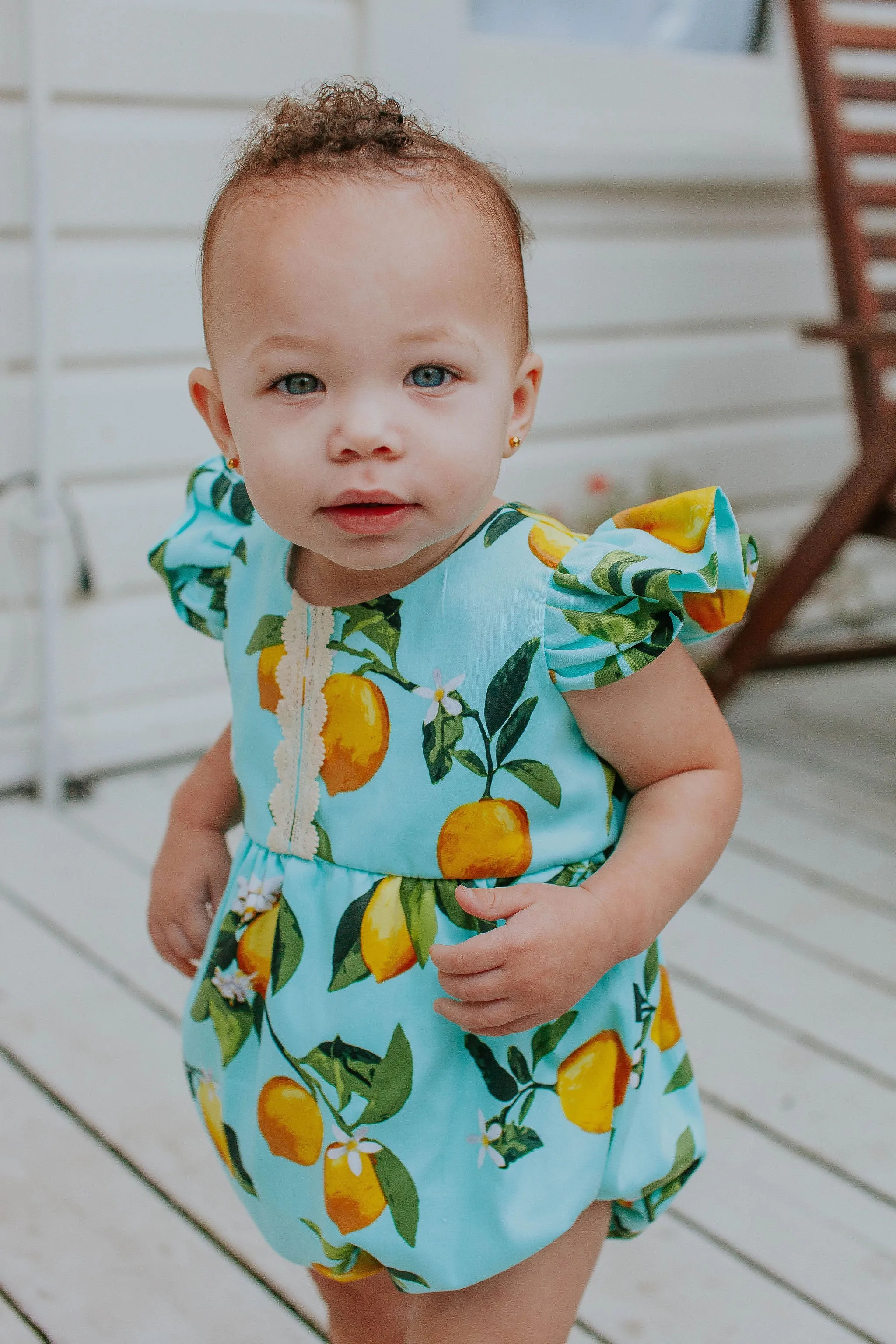 Infant Girl's Lemon Print Cotton Bubble Romper