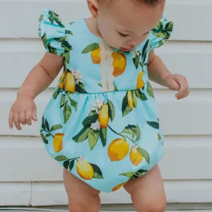 Infant Girl's Lemon Print Cotton Bubble Romper