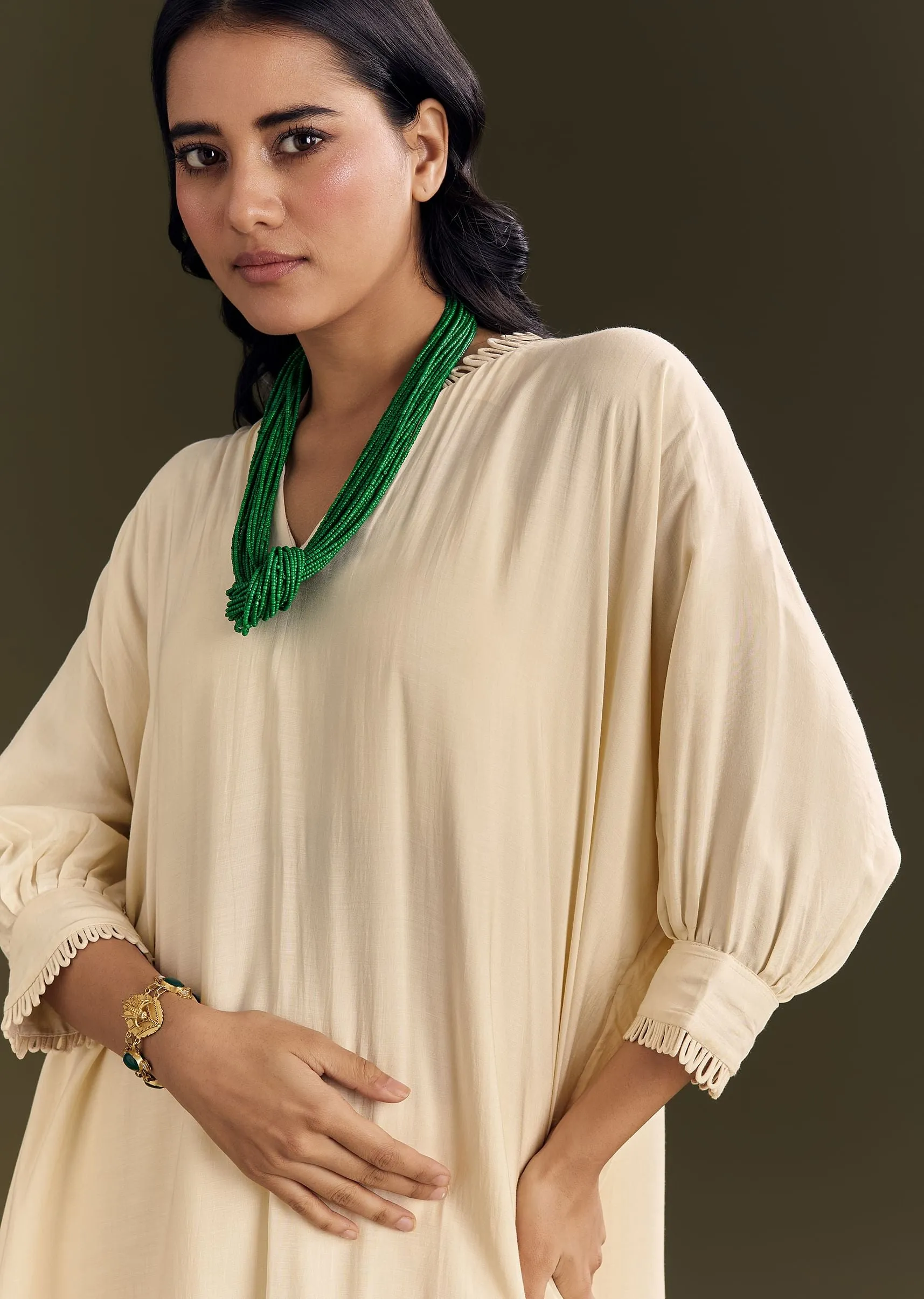 Ivory White Kurta Pant Set With Green Beaded Neckpiece