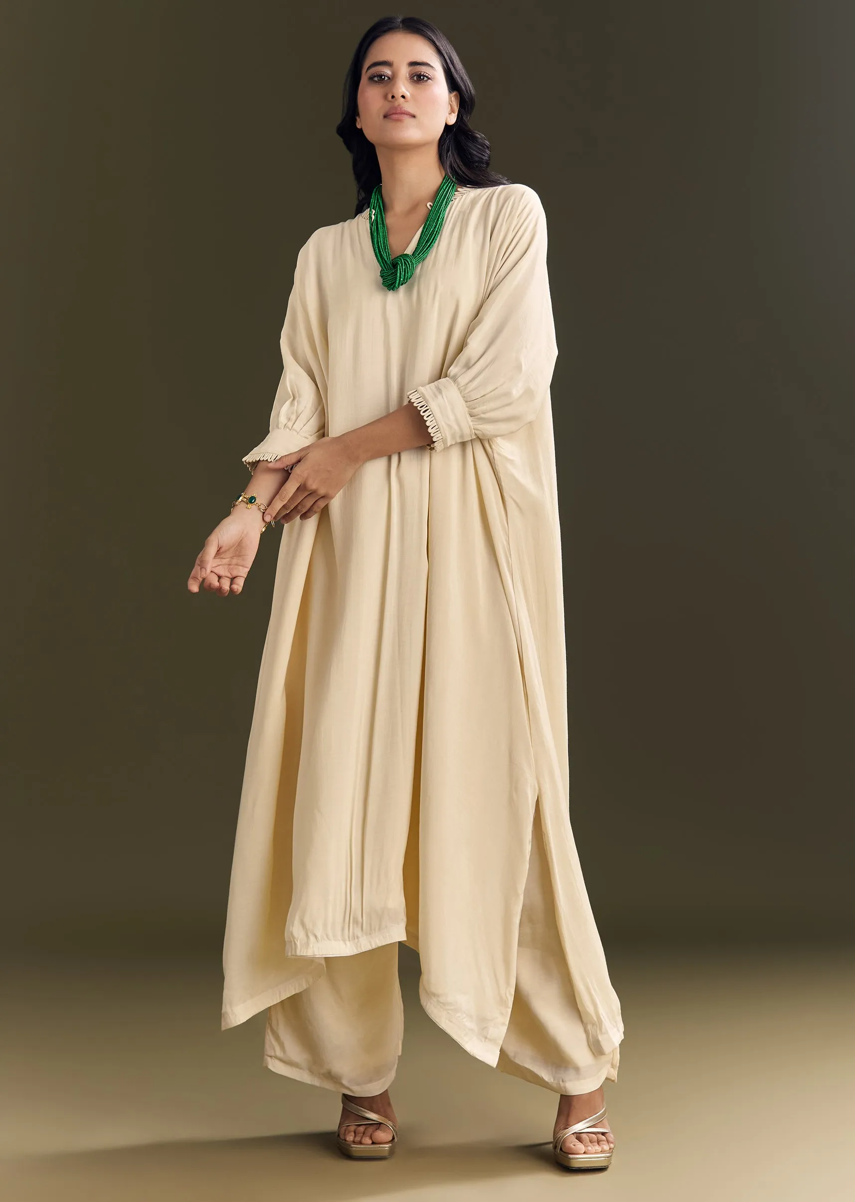 Ivory White Kurta Pant Set With Green Beaded Neckpiece