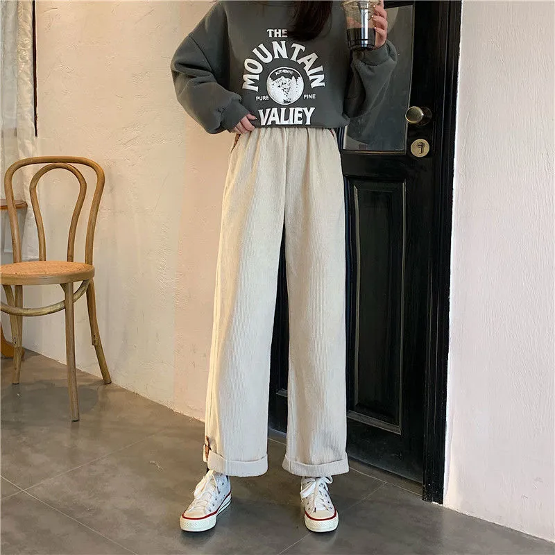 Joskaa Christmas Gift JMPRS Brown Corduroy Thick Wide Leg Pants Women Korean Fashion Beige Trousers Female Oversize High Waist Winter 2024 Loose Pants