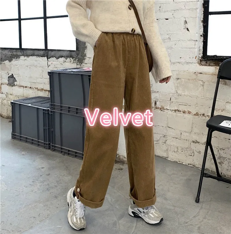 Joskaa Christmas Gift JMPRS Brown Corduroy Thick Wide Leg Pants Women Korean Fashion Beige Trousers Female Oversize High Waist Winter 2024 Loose Pants