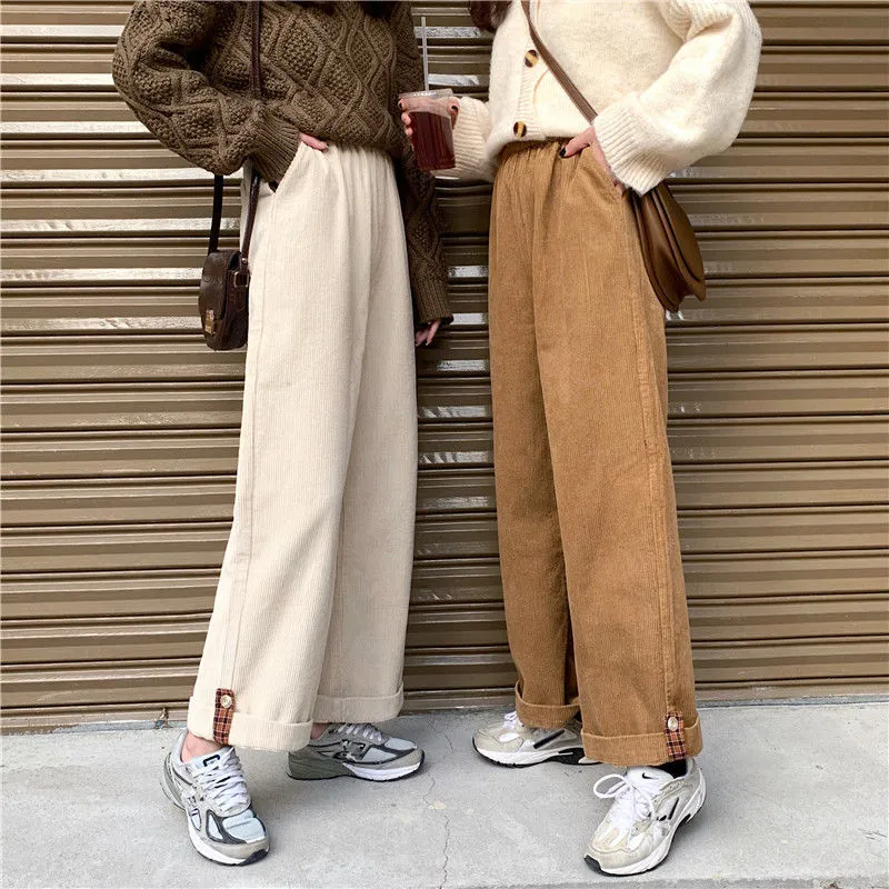 Joskaa Christmas Gift JMPRS Brown Corduroy Thick Wide Leg Pants Women Korean Fashion Beige Trousers Female Oversize High Waist Winter 2024 Loose Pants