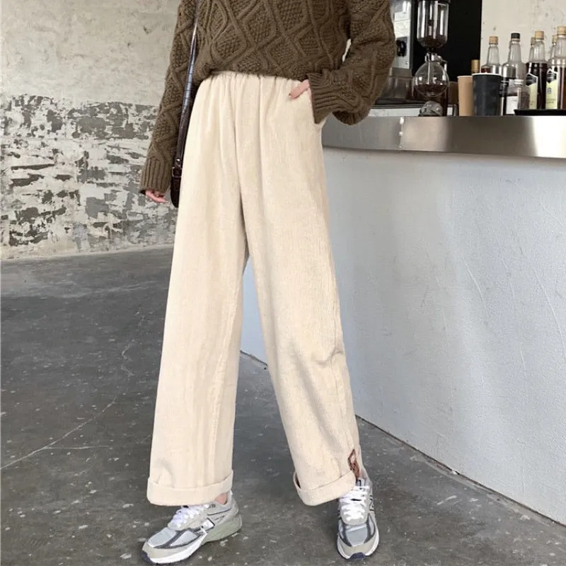 Joskaa Christmas Gift JMPRS Brown Corduroy Thick Wide Leg Pants Women Korean Fashion Beige Trousers Female Oversize High Waist Winter 2024 Loose Pants