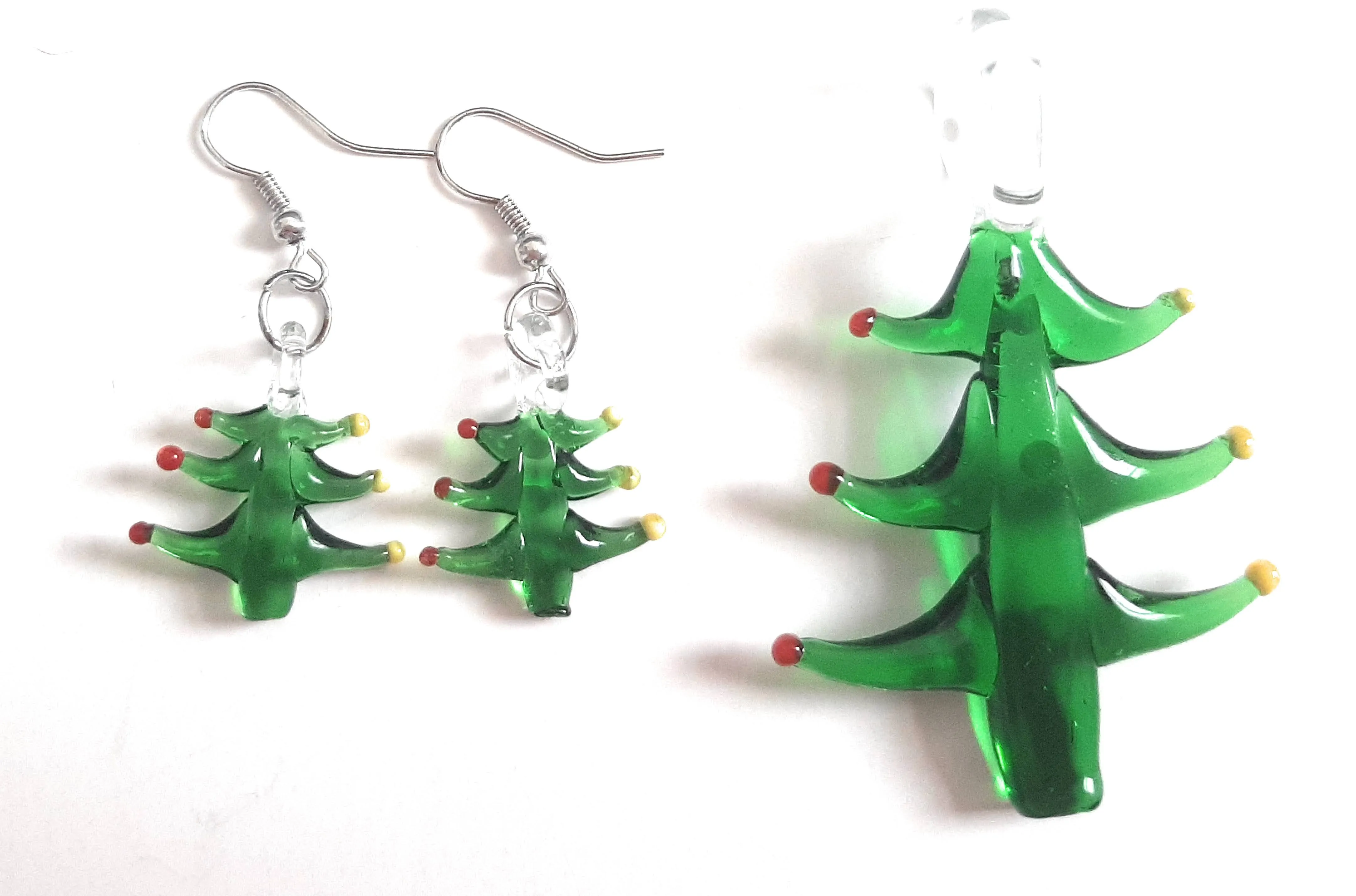 Lampwork Glass Christmas Tree Pendant & Earrings Set CH02S