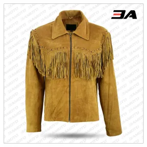 Mens New Native American Western Brown Suede Leather Jacket Fringe Tassels
