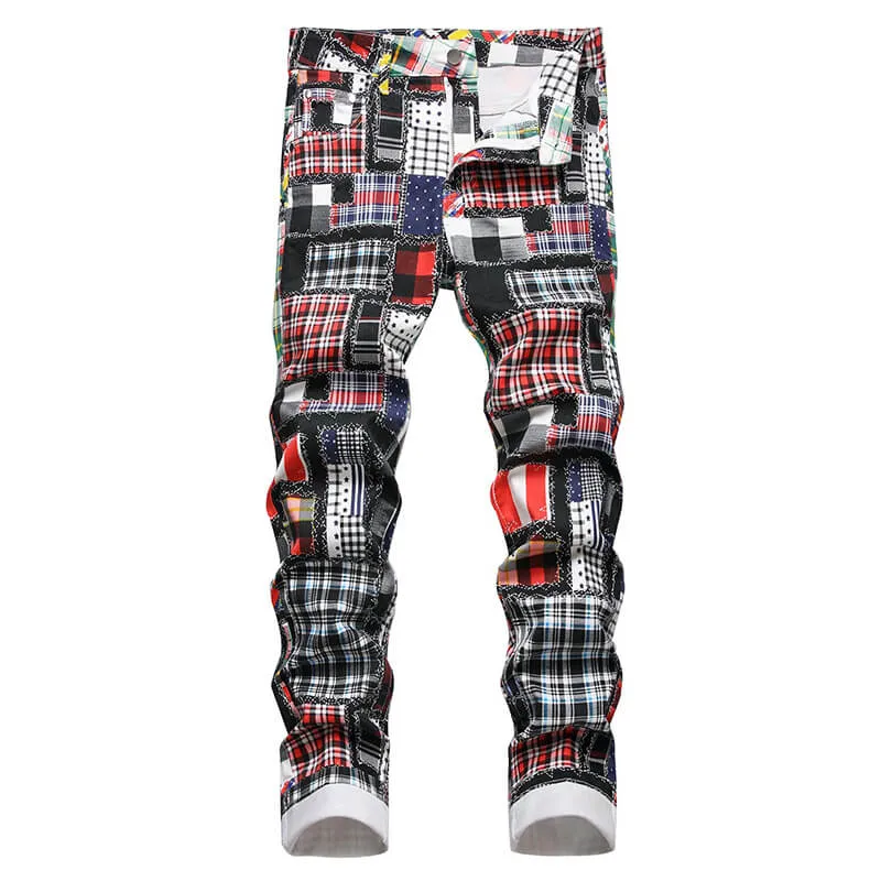 Patchwork Pattern Printed Cotton Casual Pants