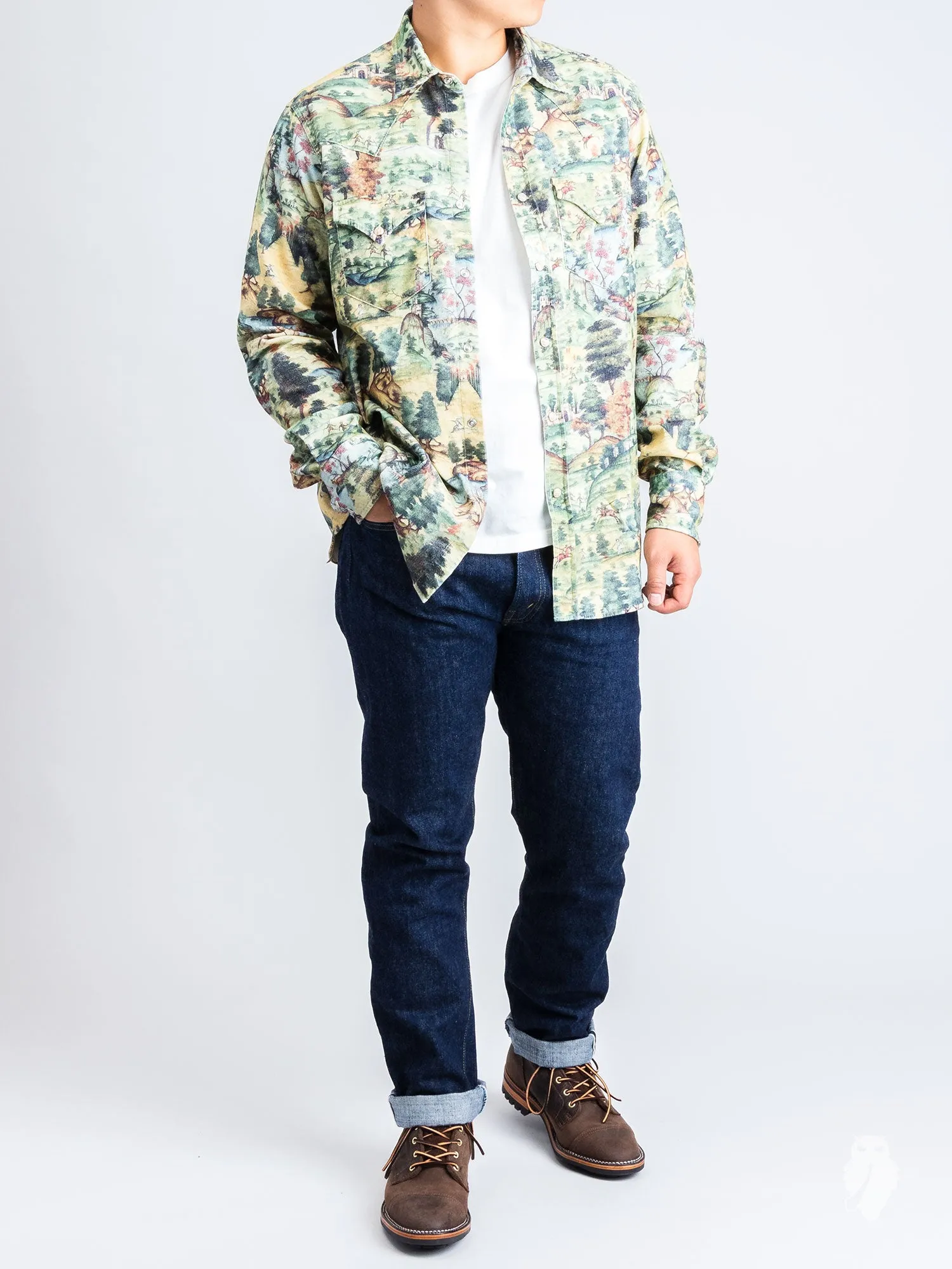 "Mughal Stories" Corduroy Western Shirt in Green