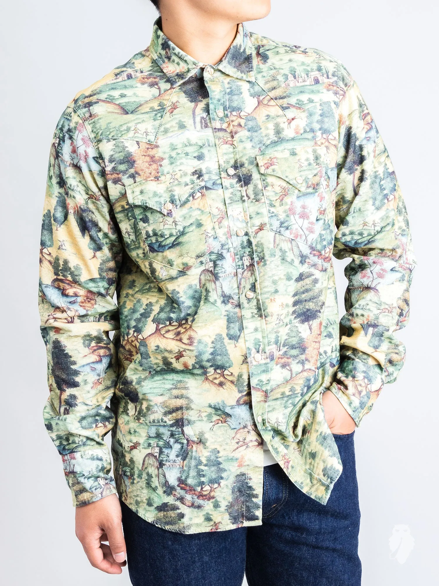 "Mughal Stories" Corduroy Western Shirt in Green