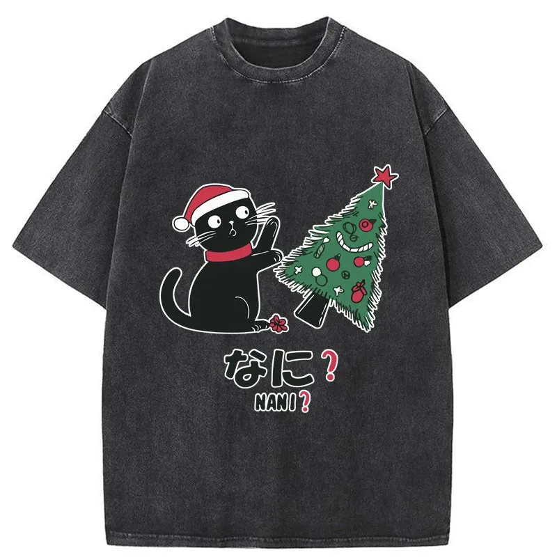 Tokyo-Tiger Black Cat Knocking Over Christmas Tree Washed T-Shirt