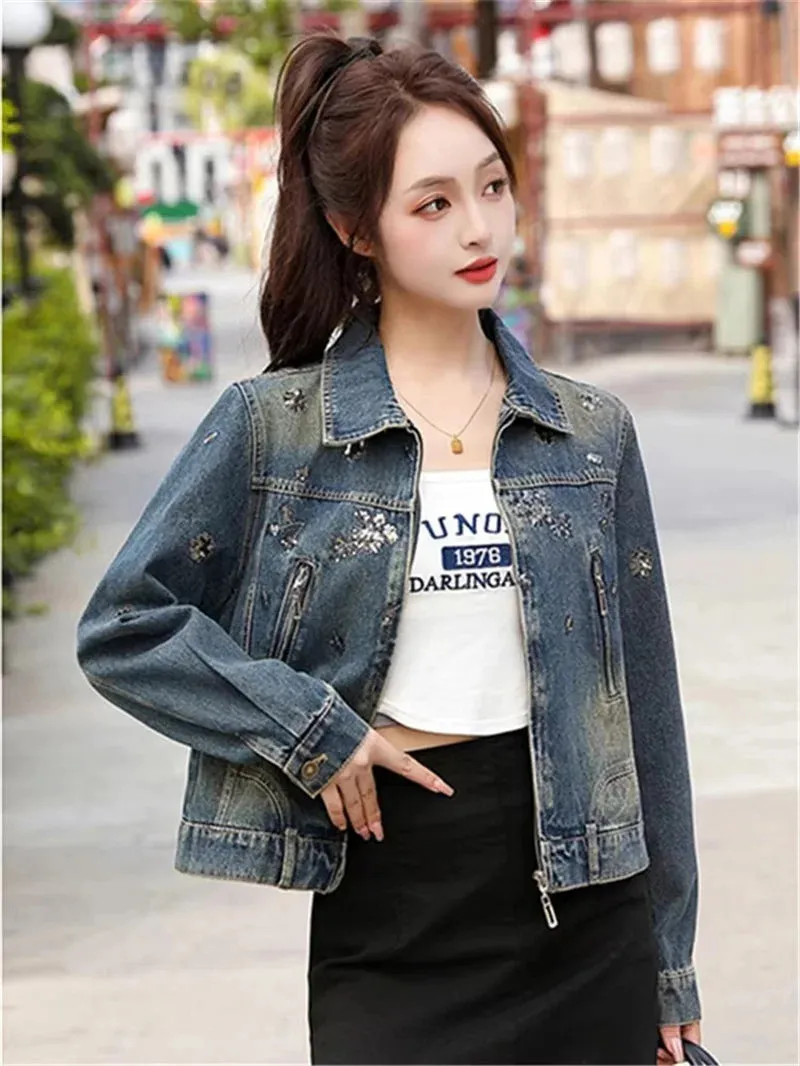 Vintage Denim Embroidery Coat Casual Retro Jacket
