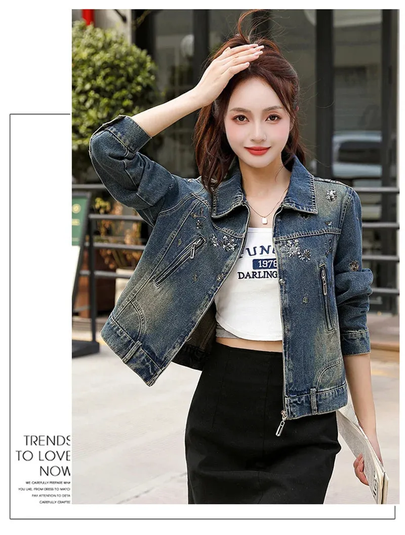 Vintage Denim Embroidery Coat Casual Retro Jacket