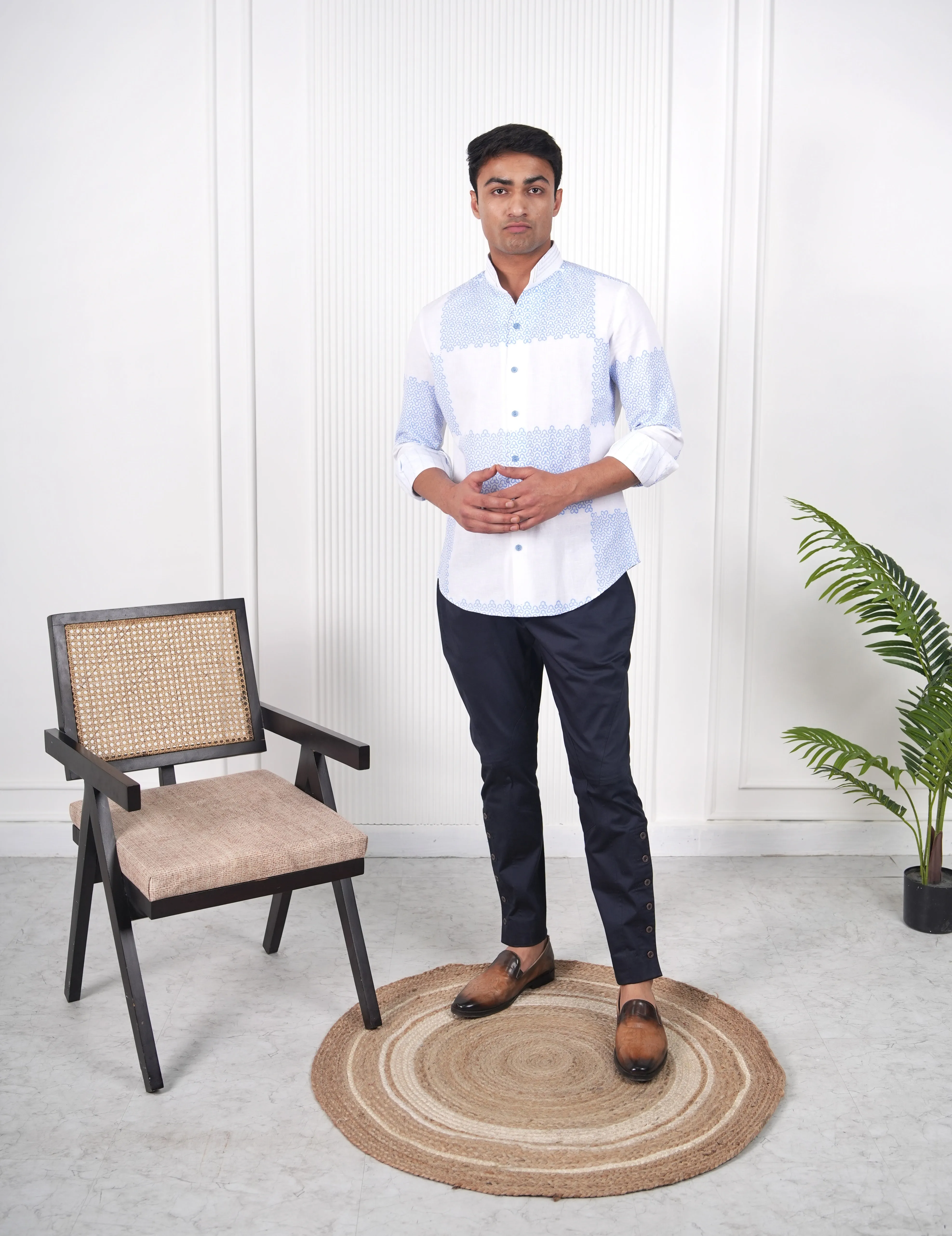 White Teapot Blue Block Print Linen Shirt